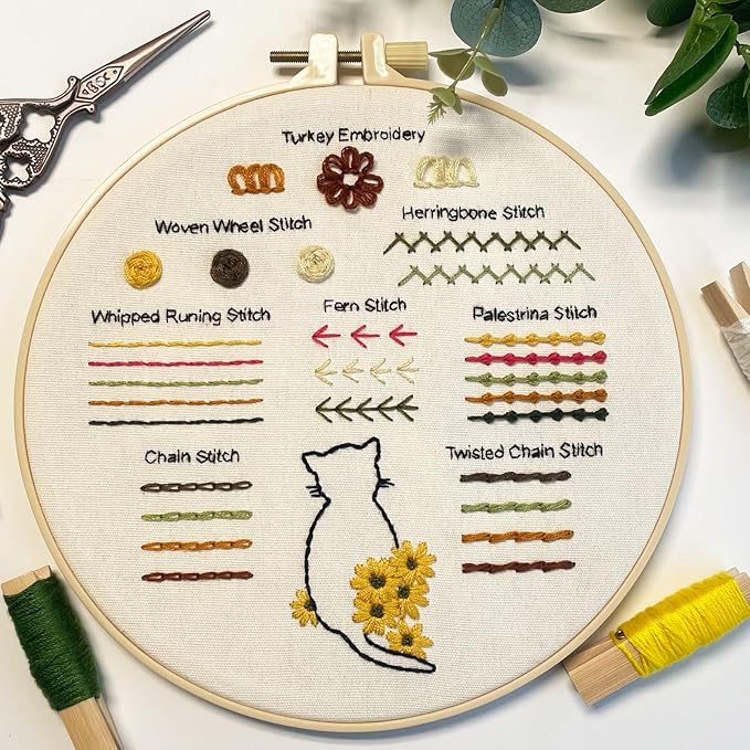 Myfelicity Embroidery Kit，with Strawberries, Greenery, Bees and Cat, with Instructional Video.