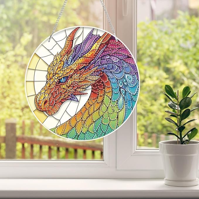 HEIBAGO Dragon Hanging Diamond Art Kits for Adults, Stained Glass Special Shaped Crystal Diamond Painting Ornament Kit, DIY Double-Sided Pattern Gem Art Kit for Home Wall Decor 8.3x8.3inch