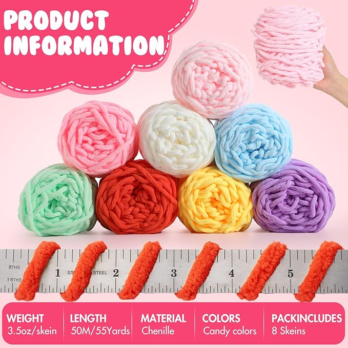 Buryeah 8 Pack Chunky Chenille Yarn for Crocheting Soft Thick Fluffy Yarn for Hand Knitting Bulky Velvet Blanket Plush for Weaving DIY Crafts Each 3.5 oz 55 Yards (Candy Colors)