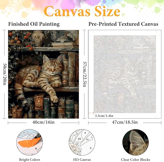Okarina Paint by Numbers Kit for Adults Beginner Cat, Bookshelf Adult Paint by Number Kits on Canvas, Book DIY Acrylic Oil Painting by Numbers for Adults, Perfect for Home Wall Decor 16X20 Inch