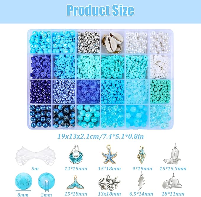 Blue Clay Beads for Bracelet Making Kit, 24 Colors 3500pcs Friendship Bracelet Making Kit, Small Glass Beads for Jewelry Making, Blue Ocean Series Colorful Crystal Beads and Crafts DIY Gifts