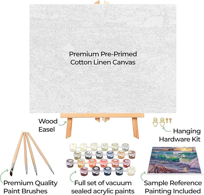 Ledgebay DIY Paint by Numbers Kit for Adults Framed Canvas: Beginner to Advanced Paint by Numbers Kit, Kits Include Acrylic Paint Set Brushes Tabletop Easel (Seaside Escape 16" x 20" Framed)