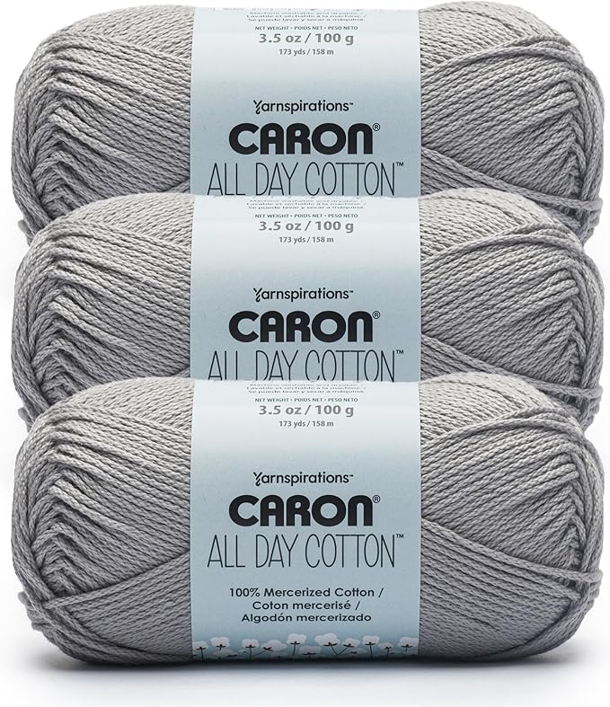 Caron All Day Cotton - 3 Pack of 173 Yards/3.52 oz Light Gray 100% Mercerized Cotton Yarn