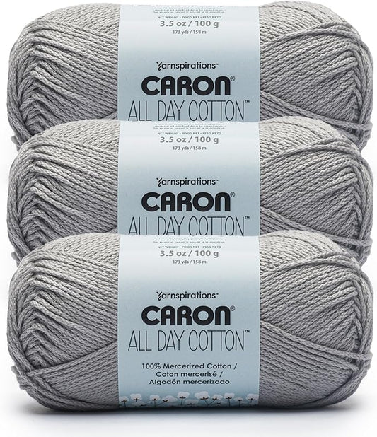 Caron All Day Cotton - 3 Pack of 173 Yards/3.52 oz Light Gray 100% Mercerized Cotton Yarn