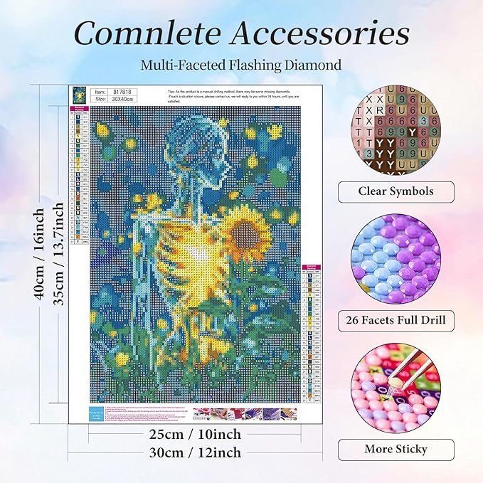 Camocin Diamond Art Kits for Adults Skull, 5D Sunflower Diamond Painting Kits for Adults Beginners, DIY Flowers Full Round Dots Drill Gem Art Kit for Gift Home Wall Decor 12 x 16 Inch