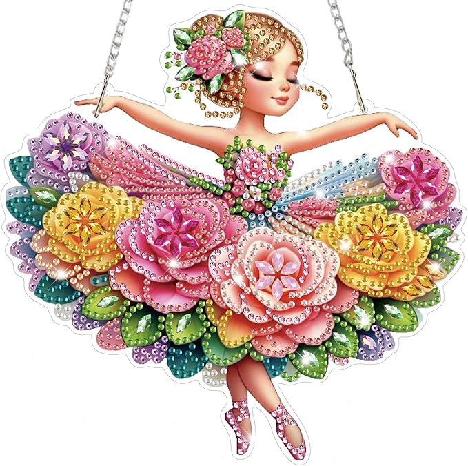Bowetile Ballet Girl Diamond Art Hanging Kits for Adults, Diamond Art Suncatchers Dream Dancer, 5D Special Shape Diamond Painting Pendant Window Ornament Gifts for Home Wall Door Garden Decor