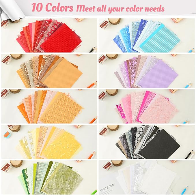 160 Sheets Textured Scrapbook Paper and Mesh Fabric Assorted Set, 10 Color Schemes Mixed Handmade Craft Mulberry Special Paper for Scrapbooking Junk Journaling Supplies, 4.7x6.69 Inch