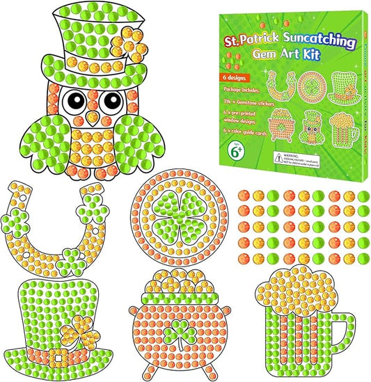 Qyeahkj 6 Pcs St Patrick's Day Arts Crafts DIY Shamrock Hat Gem Diamond Suncatcher Crafts for Kids Patrick Diamond Painting Gifts Exchange for Kids Aged 4 6 8 10 12 for Home School Party Decor