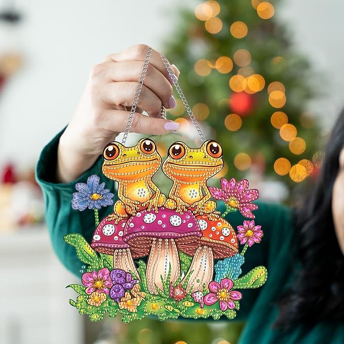 Kaliosy Sun Catcher Mushroom Frog Window Hanging Ornament - Outdoor Porch Decor, Animals Themed Diamond Art Ornament, Acrylic Board Diamond Painting for Wall Home Garden, Indoor Decor 8x8inch