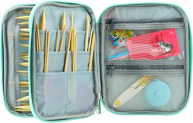 Knitting Needles Case Crochet Hooks Organizer Zipper Bag, Portable Travel Storage Pouch for Circular Knitting Needles, Crochet Hooks, Sewing Tools (Green Lily)