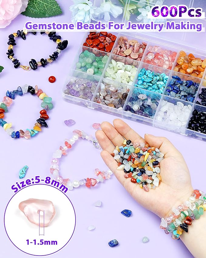 FIVEIZERO 600pcs Natural Chip Stone Beads 5-8mm - 15 Color Crystal Chip Beads for Jewelry Making, Valentine's Day Bracelet,DIY Irregular Gemstone Beads with Drilled Holes