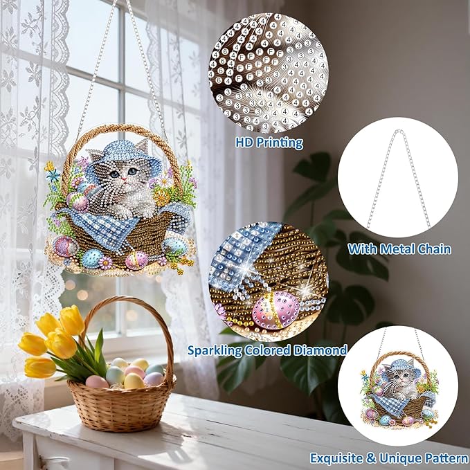 DOMROM Cat Diamond Art Hanging Kits for Adults, Easter Special Shaped Crystal Diamond Painting Cat Pendant, DIY Diamond Art Suncatchers Animal for Home Garden Wall Decor Gift