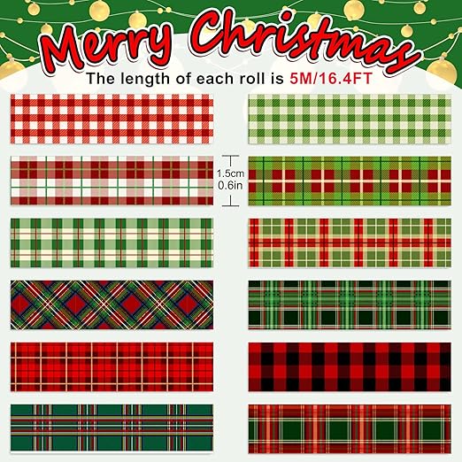 Whaline 12 Rolls Christmas Washi Tape Buffalo Plaid Pattern Red Black Green Xmas Holiday Masking Tape for Scrapbook Journal DIY Craft Gift Wrapping