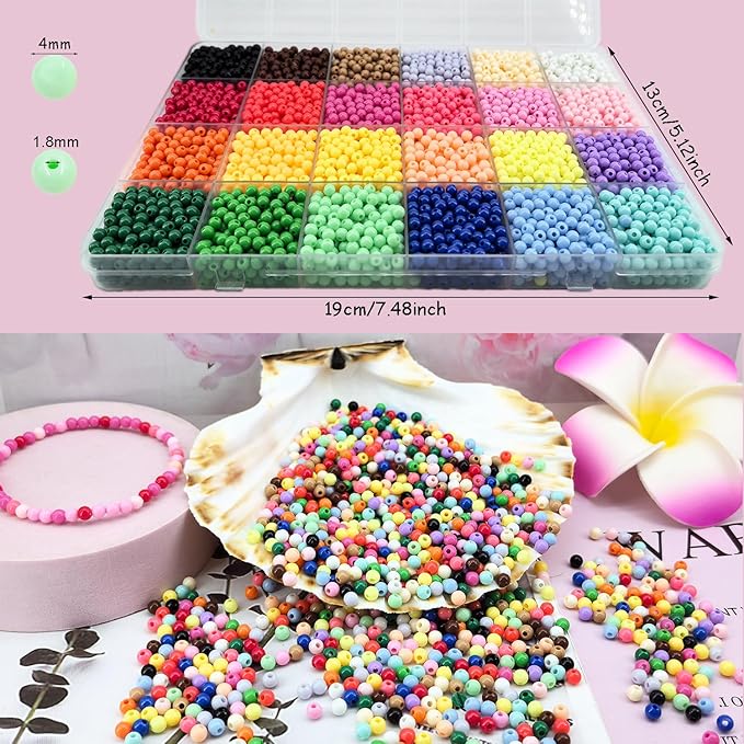4800Pcs 4mm Acrylic Round Beads for Jewelry Making, 24 Colors Rainbow Round Beads for Bracelets Making Kit Candy Color Plastic Bubble Gum Beads Pastel Loose Beads Bulk for DIY Necklace Crafts