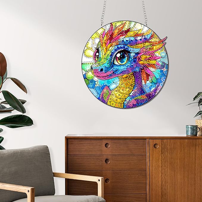 Reofrey Hanging Diamond Art Kits for Adults - 8x8 Inch Dinosaur Acrylic Board Double Sided Pattern Diamond Painting Suncatcher Pendant, DIY Crystal Art for Home Wall or Window Decoration Handmade Gift