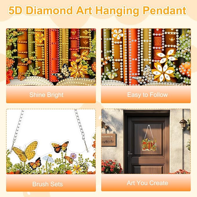 TOSTOG Exquisite Books Diamond Art Pendant Kit for Adult, Orange Diamond Painting Hanging Kit for Beginners, 5D DIY Crafts Gem Art, Waterproof Full Accessories for Home Decor Idea 20 * 20 cm/8 * 8 in