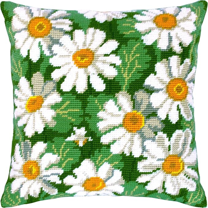 Brvsk Floral Embroidery Kit for Adults and Beginners — Daisies 16″ × 16″ with Clear, Precise Printed Design on Cotton Canvas; Includes 2 Needles, Yarn, and Easy-Read Chart