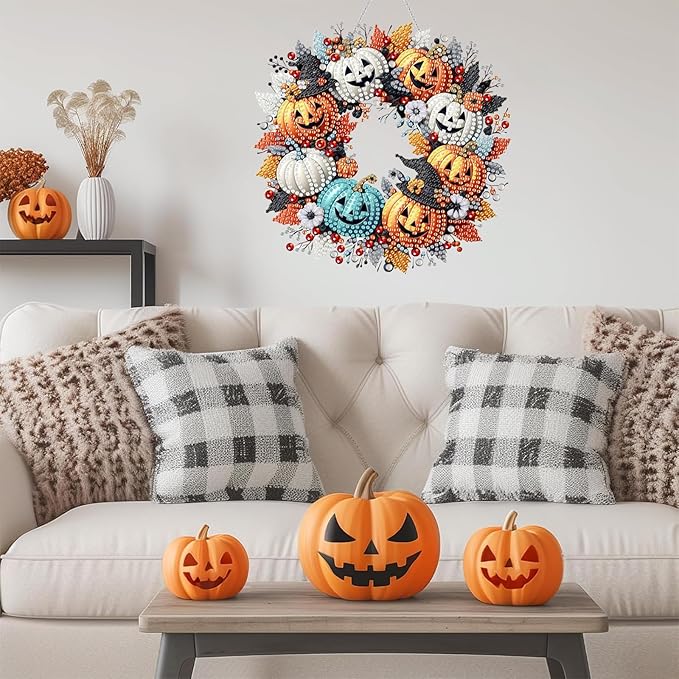 Diamond Art Hanging Kits for Adult, Pumpkin Wreath Diamond Art Crafts Decor, 5D DIY Acrylic Diamond Art Painting Ornaments, Window Pendants Wall Hanging Kits for Home Garden