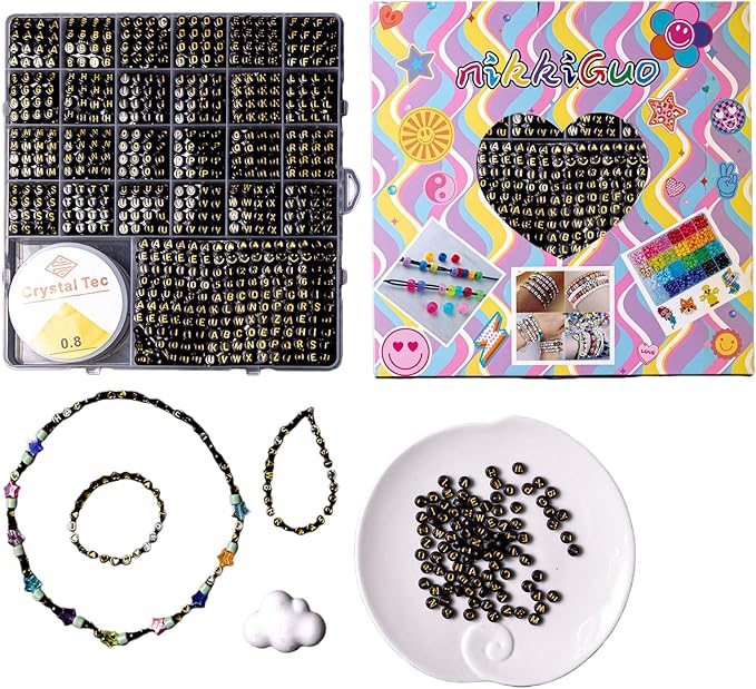 nikkiGuo 1250 PCS Letter Beads Kit with Elastic Cord – Alphabet A–Z, Numbers, Heart, Moon, Star, Smiley Beads for Friendship Bracelets & DIY Jewelry (Black Beats & Golden Letters)