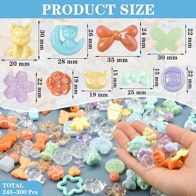 ABONDEVER 245-300Pcs Assorted Acrylic Beads for Bracelets Making kawaii Star Bow Flower Candy Heart Gummy Bear Butterfly Aesthetic Beads for DIY Jewelry Crafts Keychain Necklace Phone Charms(5 Colors)