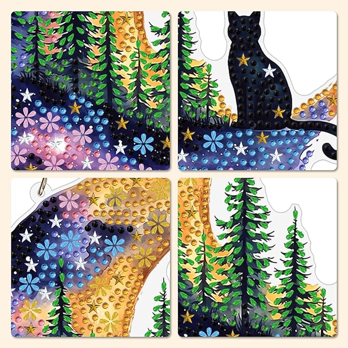MXJSUA Forest Moon Cat Diamond Painting Art Window Suncatchers, Diamond Art Kits for Adults Hanging Ornaments with Chain, 5D Special Shape Crystal Diamond Pendant Accessories for Decor Gift 8x8 Inch