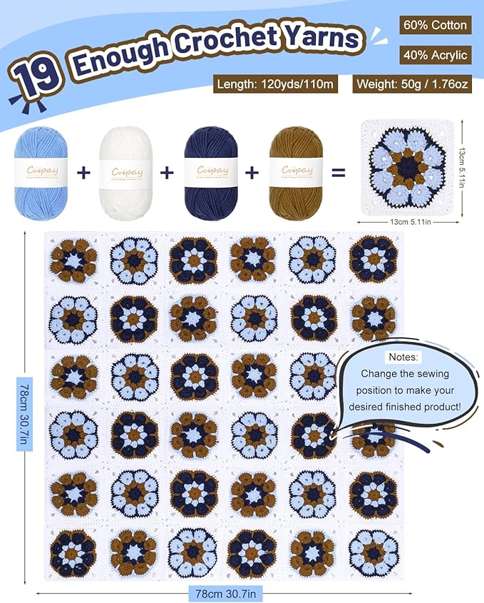 Coopay Crochet Blanket Kit for Beginners, All-in-One Granny Square Blanket Kit with Step-by-Step Video & Enough Yarns - Master Granny Square Crocheting Easily, Ideal Gift for Craft Lovers (Mocha Blue)