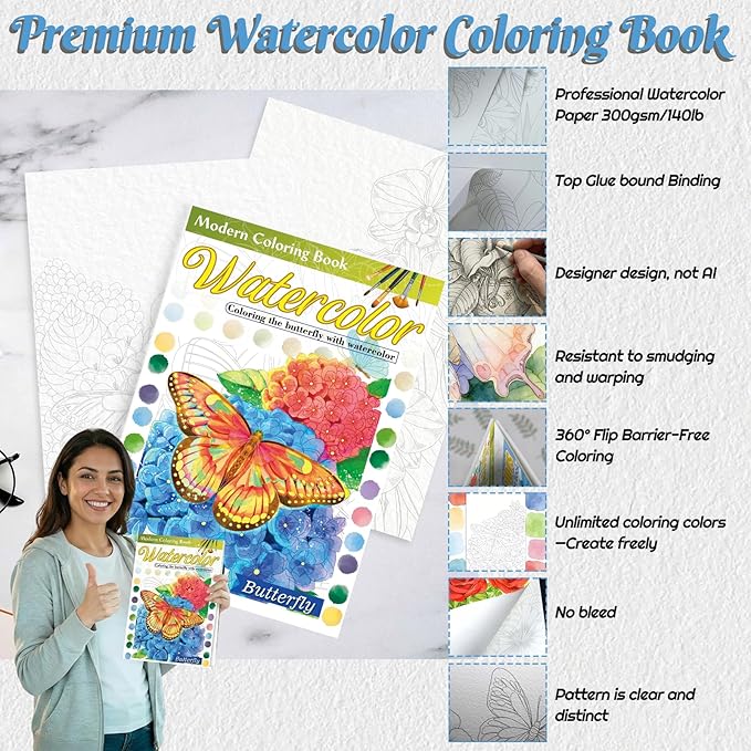 Adults Water Coloring Book: 12 Advanced Exquisite Patterns – 100% Cotton 300gsm Paper, A4 Size – for Beginners & Professionals to Enhance & Consolidate Watercolor Techniques (Butterfly)