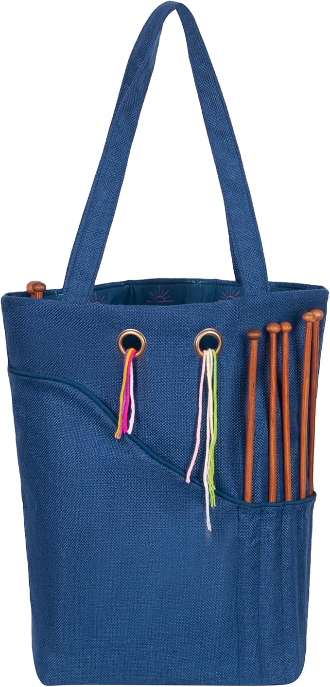Linen Knitting Project Tote Bag,Portable Yarn Storage Bag for Crochet Accessories/Needles,Crochet Hooks Organizer,Knitting Bag for Crochet Lovers (Navy Blue)