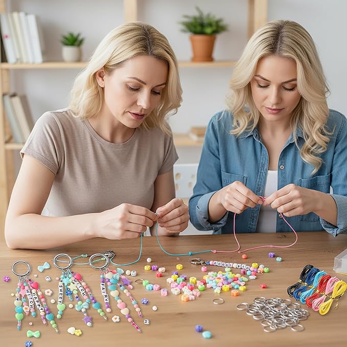 WATINC DIY Keychain Making Crafts Kits - Adjustable Letter Alphabet Beads Strings Keychain Flower Star Bow Beads Bulk, Bag Charms with Key Ring Supplies Jewelry Accessories Making Kit (1884PCS)