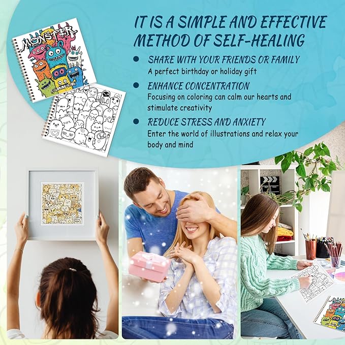 Tlenpo Adult Coloring Book for Women, 30 Pages Cute Monster Pattern Single-Sided, Spiral Bound Lay-Flat, Gifts Arts and Crafts for Women to Relax, Alcohol Marker Friendly