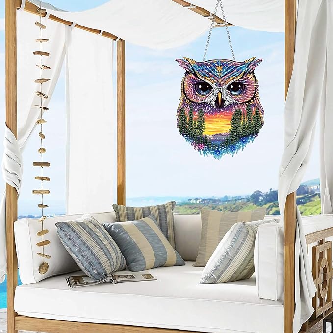 VAIIEYO Owl Diamond Art Hanging Ornament, Animal Diamond Painting Suncatchers Window Hanging Kit with Chain, 7.5x7.5 inch Crystal Pendant Art Craft for Gift Home Wall Front Door Decoration
