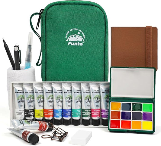 Funto Mini Watercolor Travel Set, 12-Color Refillable Travel Art Kit, All-in-One Mini Paint Supplies with Bag, Art Craft for All, Portable Water Color Paint for Beginners, lovers and Artists