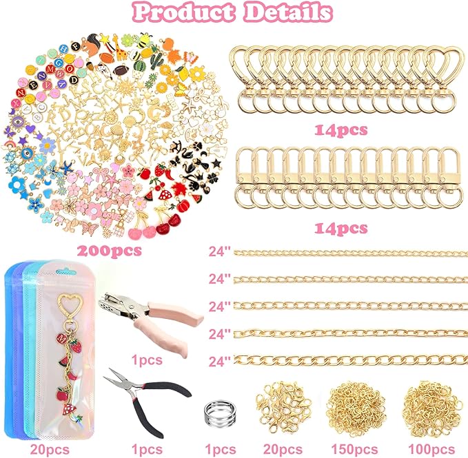 526Pcs Charms Lip Gloss Keychain Making Kit, DIY Keychain Supplies with 200 Charms, 28 Clasps, Jump Rings, Chain, Jewelry Plier, Hole Punch, Bag Charm Kit, Jewelry Making Kit for Crafting Keychains
