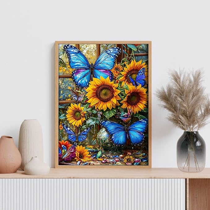 GEEHEIY Sunflower Diamond Art Kits for Adults, 5D Butterfly Diamond Painting Kits for Beginner, DIY Blue Butterfly Gem Art Dots for Adults, Perfect for Home Wall Decor 12x16 Inch