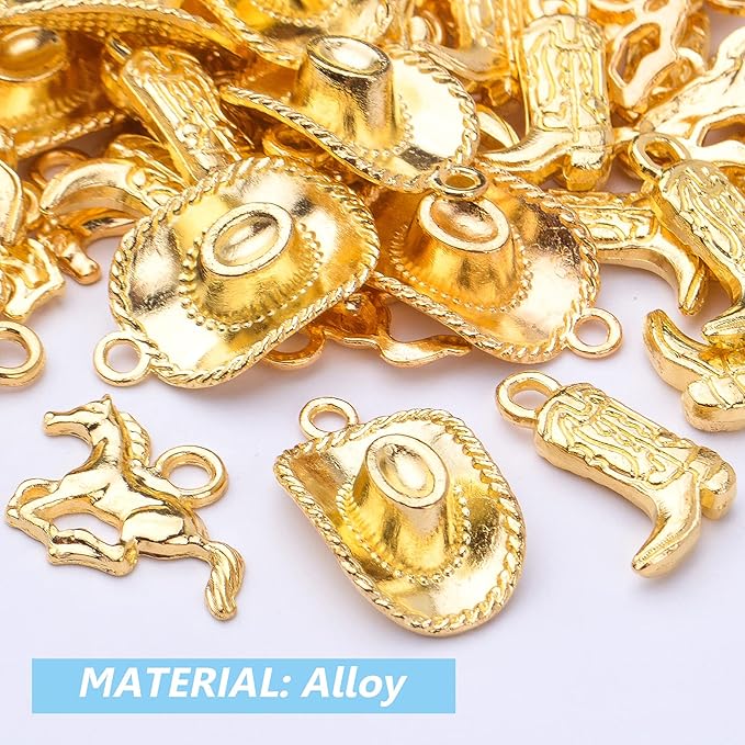 60pcs Gold Plated Western Themed Cowboy Charms Tibetan Alloy Cowboy Boot Horse Hat Pendants Charms Party Favors for DIY Earrings Bracelet Necklace Jewelry Making Findings, 3 Styles