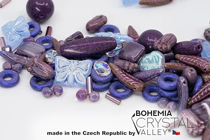 2.1oz (60 g) Mix of Unique Czech Bohemia Glass Pressed Beads, Violet Purple Pink Crystal AB, Table Cut, Matte and Glossy, Hand Made BCV
