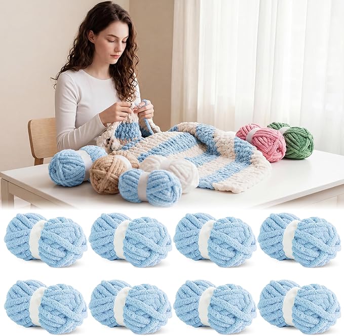 BALAPET 8 Pack Chunky Chenille Yarn for Crocheting & Knitting, 27yds 8 oz Each Skein Soft Fluffy Kitting Yarn Set, Thick Velvet Plush Yarn for Handcrafts Weaving Making Blankets, Sky Blue