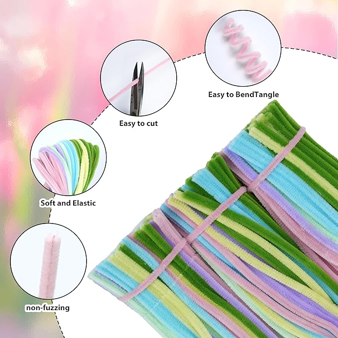 300 Pcs Thick Pipe Cleaners,Craft Supplies Floral Bonquet,DIY Flower Making Kit for Starter with Floral Wires, Gardening Tape,Stamen (7-Rainbow Macaron Palette)