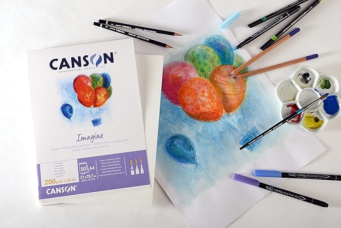 Canson Imagine Mixed Media 200gsm Paper, Natural White, A4 pad Including 50 Sheets