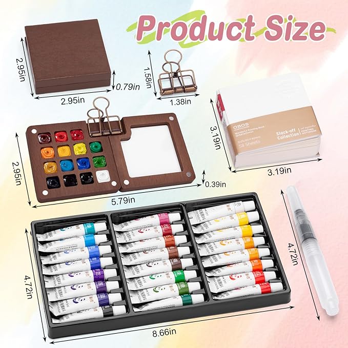 Mini Watercolor Paint Set, Mini Paint Palette Travel Kit, Pocket Artist Watercolor Travel Set Colors, Sketchbook, Brush, Metal Clip, for Beginners, Artists, Enthusiasts (15 Grids, 24 Colors)