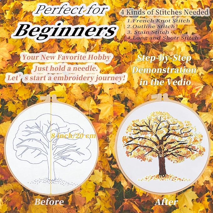 FONNUY Crewel Embroidery Kit for Beginners, Seasonal Tree Pre-Stamped Pattern Kits for Adults with Hoop, Easy to Follow Color Thread Needlework, 8'' (Yellow)