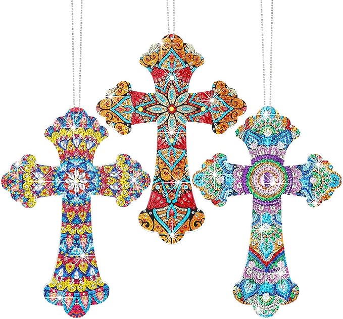 Faccito 3 Pcs Cross Diamond Art Painting Hanging Kit for Adult DIY 5d Crystal by Number Mandala Cross Rhinestone Pendant Acrylic Mosaic Wall Ornament Gift for Easter Religious Christians Woman