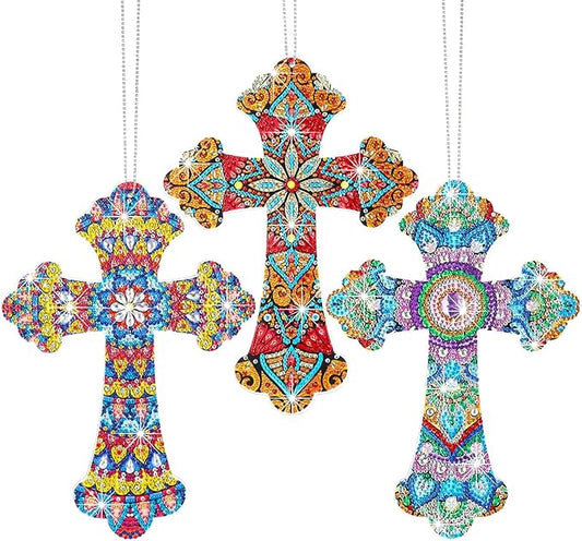 Faccito 3 Pcs Cross Diamond Art Painting Hanging Kit for Adult DIY 5d Crystal by Number Mandala Cross Rhinestone Pendant Acrylic Mosaic Wall Ornament Gift for Easter Religious Christians Woman