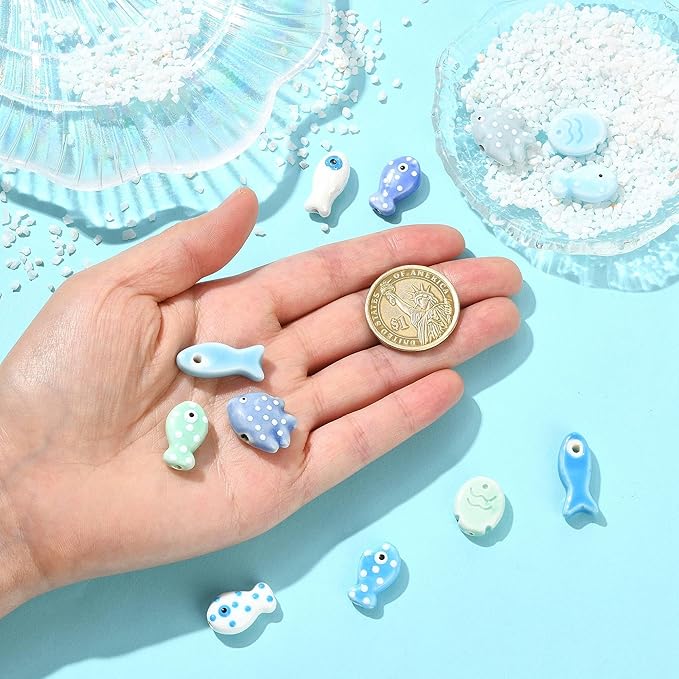 12Pcs Polka Dot Fish Ceramic Porcelain Beads for Jewelry Making Blue Ocean Sea Beach Animal Spacer Beads for DIY Necklaces Earrings Bracelets Keychains Jewelry Findings Accessories