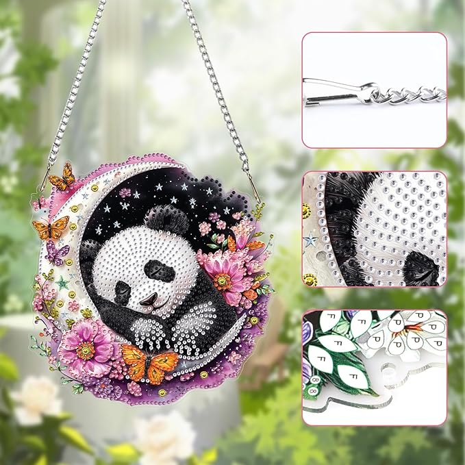 Lxmsja DIY Cute Panda Diamond Painting Hanging Ornament, Double-Sided Acrylic Dreamy Moon Diamond Art Kit, Special Shaped Suncatcher Hanging Pendant Window Art Kit