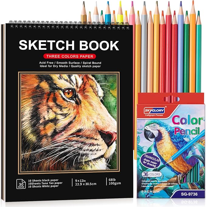 Prudiut Drawing Sketchbook Kit, Sketch Book with 36 Color Pencils, Three Color Black Sketch Pad, Acid-Free Drawing Pad for Artist, Art Paper Painting Supplies for Gifts (9×12 inch)