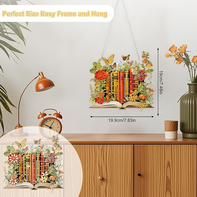 TOSTOG Exquisite Books Diamond Art Pendant Kit for Adult, Orange Diamond Painting Hanging Kit for Beginners, 5D DIY Crafts Gem Art, Waterproof Full Accessories for Home Decor Idea 20 * 20 cm/8 * 8 in
