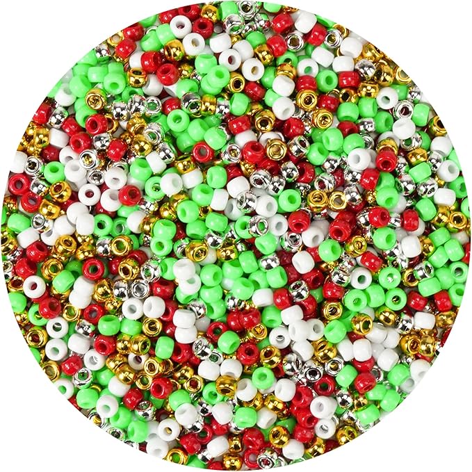 1000PCS Christmas Pony Beads Bulk – 6x9mm Red Green White Gold Silver Kandi Beads for Bracelets, Hair Braids, Jewelry Making, Crafts & DIY Holiday Decorations