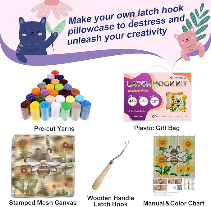 veirousa Bee Sunflower Latch Hook Kits for Adults Beginners, Pre-Printed Animal Latch Hook Pillow Kit, Craft Rug Making Kits, DIY Embroidery Cushion for Home Sofa Decor & Gift Idea 17x17 in.
