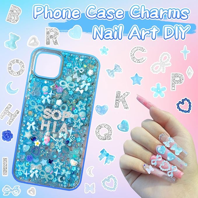 330 Pcs Blue Junk Phone Case Charms 26 Pcs A-Z Rhinestone Alphabet Letter Charms, Mix Flower Bow Heart Pearls Flatback Resin Charms Letter Junk Cases Kit for DIY Crafts